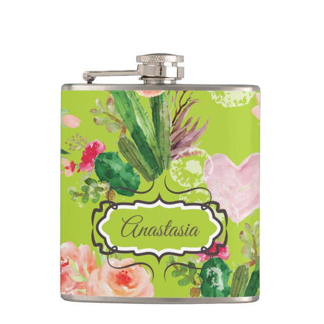 Personalised Cactus Pastel Hip Flask (Front)