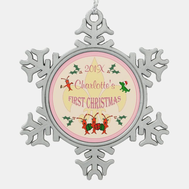 Personalised Cajun Baby Girl First Christmas Snowflake Pewter Christmas Ornament (Front)
