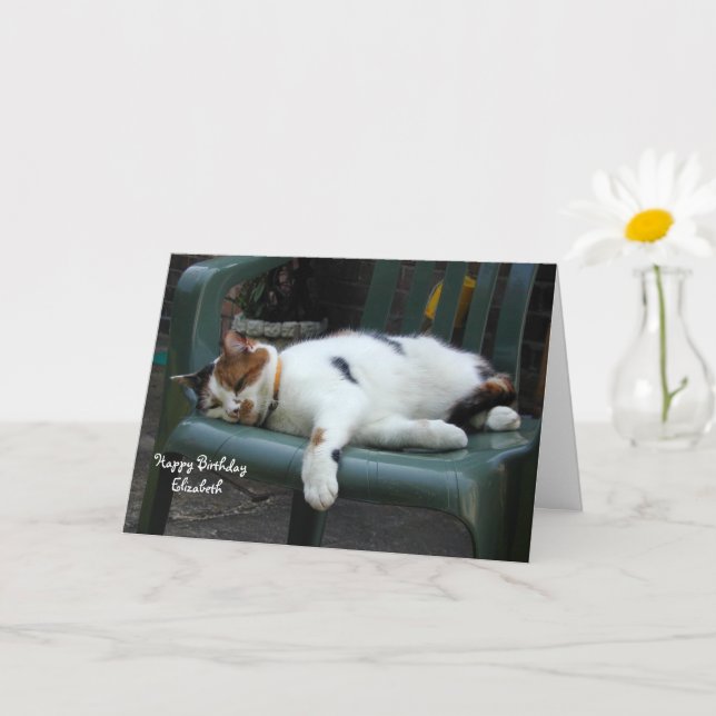 Personalised Calico cat curled up chair Birthday Card (Small Plant)