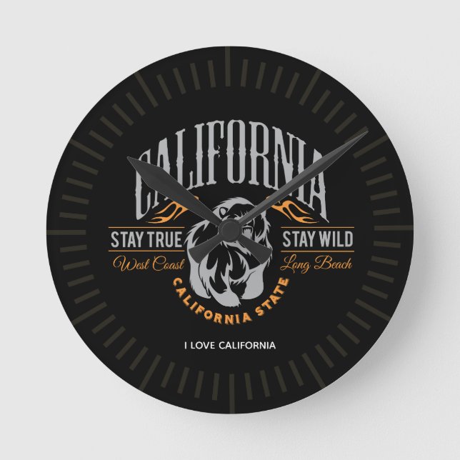 Personalised CALIFORNIA STATE Stay True Wild Bear Round Clock (Front)
