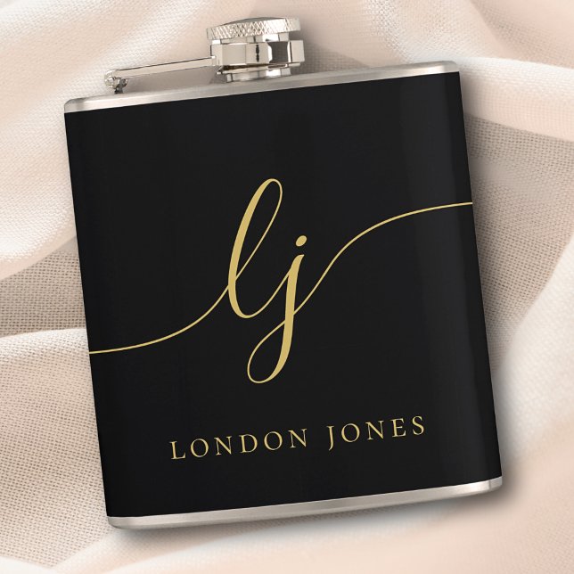 Personalised Calligraphy Black Gold Bachelorette Hip Flask (Creator Uploaded)