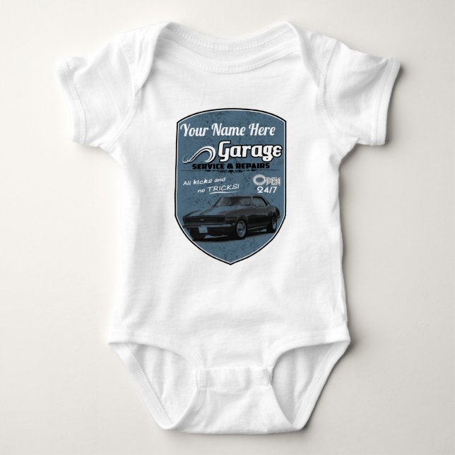 Personalised Camaro Garage Baby Bodysuit (Front)
