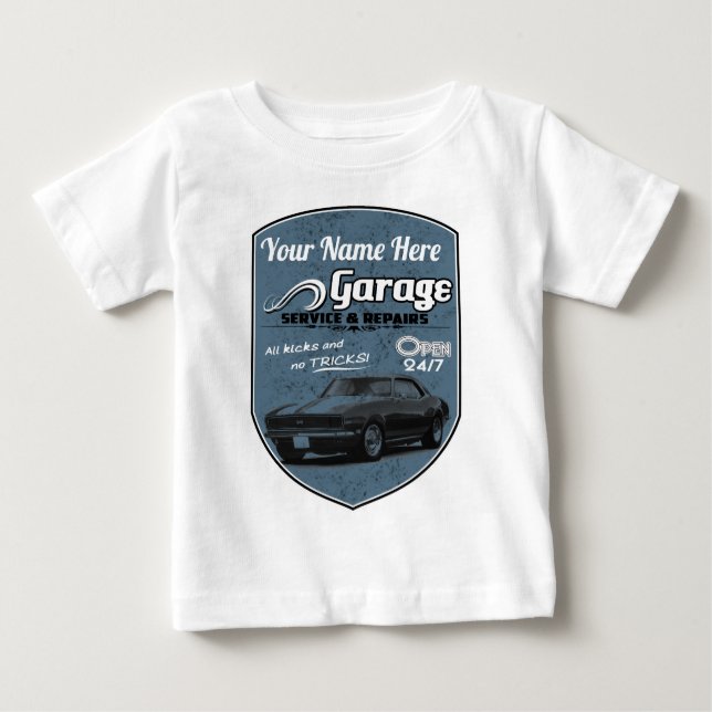 Personalised Camaro Garage Baby T-Shirt (Front)