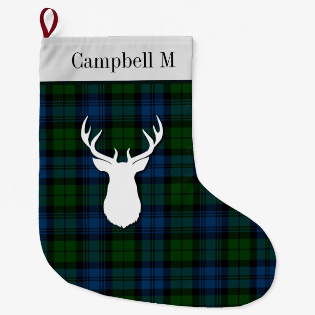 Personalised Campbell Military Tartan Green Plaid Large Christmas Stocking (Front)