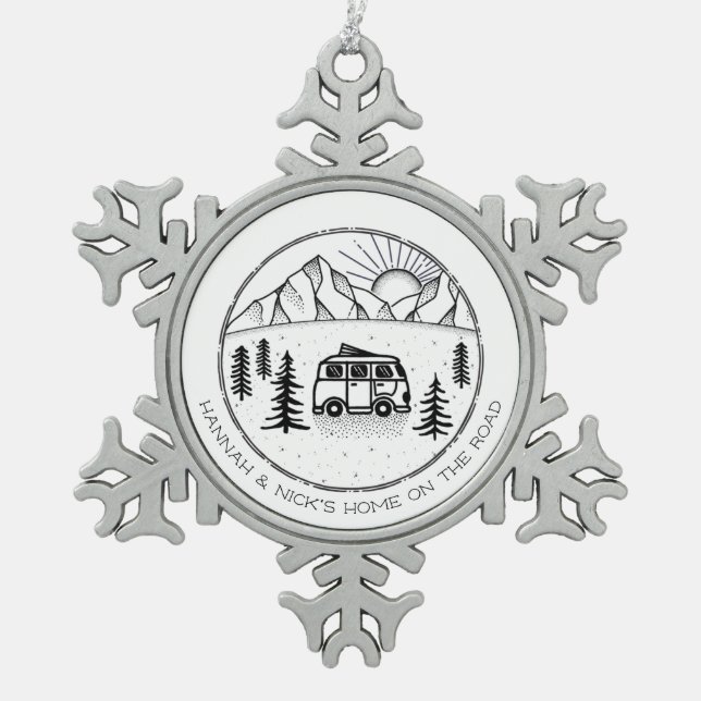 Personalised Campers Van Life Outdoors Couples Snowflake Pewter Christmas Ornament (Front)