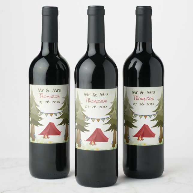 Personalised Camping Tent Campfire Wedding Wine Label (Bottles)