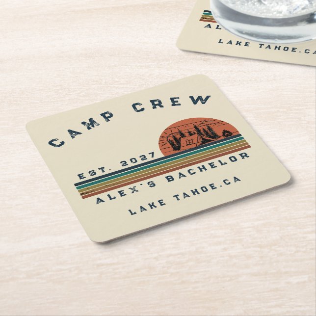 Personalised Camping Weekend Bachelor Party Square Paper Coaster (Angled)