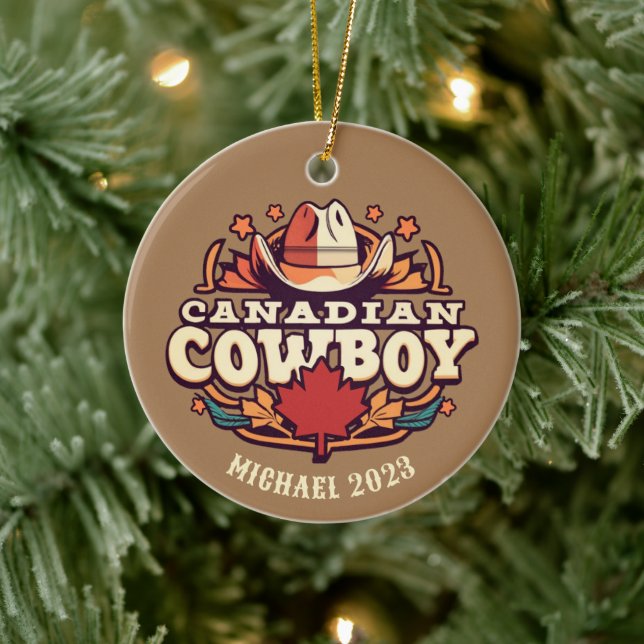 Personalised Canadian Cowboy Christmas Ceramic Ornament (Tree)