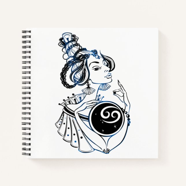 Personalised Cancer Zodiac Art Deco Lady Notebook (Front)