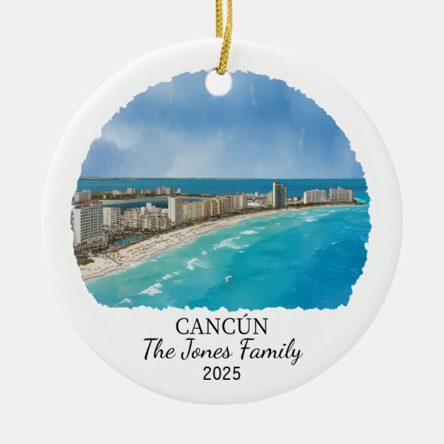 Personalised Cancun Ornament, Mexico Gift Ceramic Ornament (Front)
