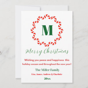 Personalised Candy Cane Monogram Christmas Holiday Card