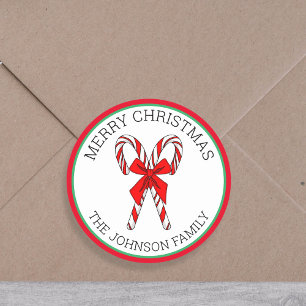 Personalised Candy Canes and Bow Christmas   Classic Round Sticker
