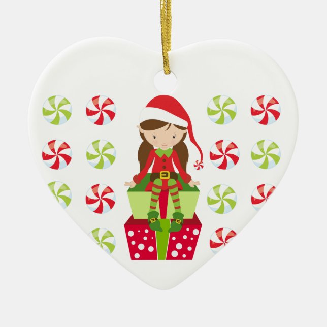 Personalised Candy Christmas Elf Ceramic Tree Decoration (Front)