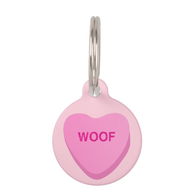Personalised Candy Heart WOOF Pink Dog ID Tag (Front)