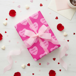 Personalised Candy Hearts Retro Two Names Hot Pink Wrapping Paper