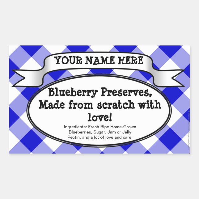 Personalised Canning Jar Label, Blue Gingham Jam Rectangular Sticker (Front)