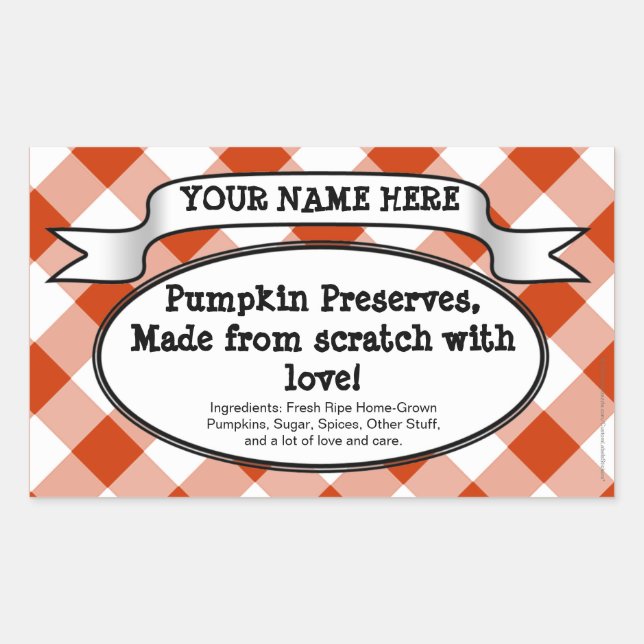 Personalised Canning Jar Label, Orange Gingham Rectangular Sticker (Front)