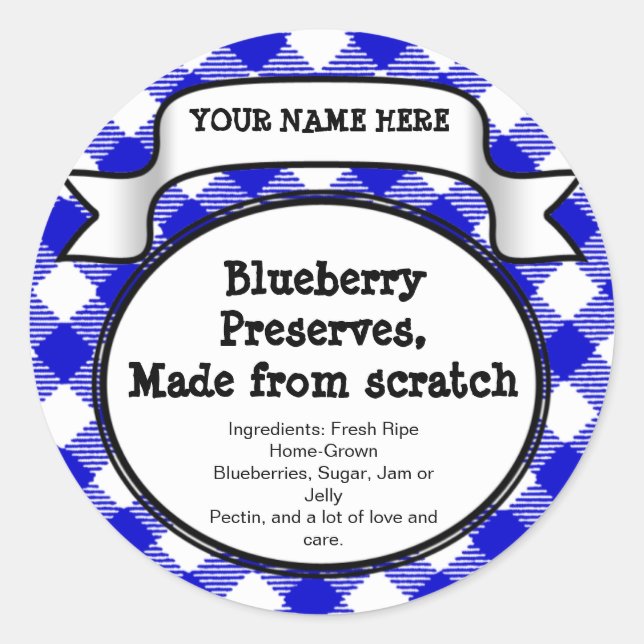 Personalised Canning Jar/Lid Label, Blue Gingham Classic Round Sticker (Front)