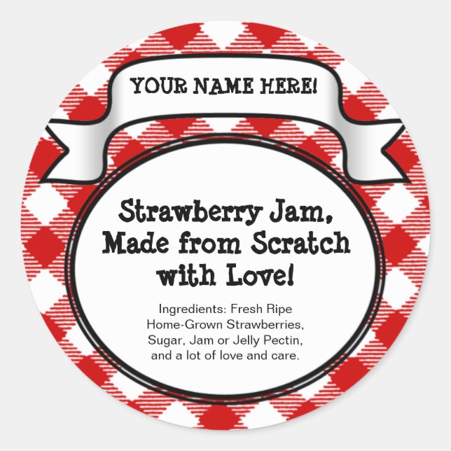 Personalised Canning Jar/Lid Label, Red Gingham Classic Round Sticker (Front)
