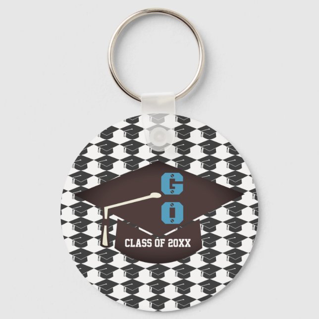 Personalised Cap and Gown Graduation Blue Text Key Ring (Front)
