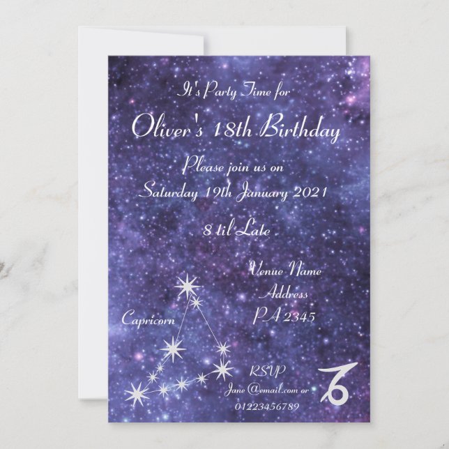 Personalised Capricorn Zodiac Galaxy Party Invitation (Front)