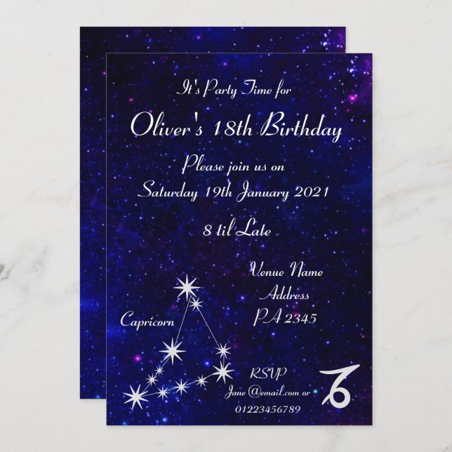 Personalised Capricorn Zodiac Galaxy Party Invitation (Front/Back)