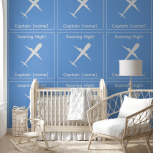 Personalised Captain Aeroplane Blue Fun Kids Room Wallpaper