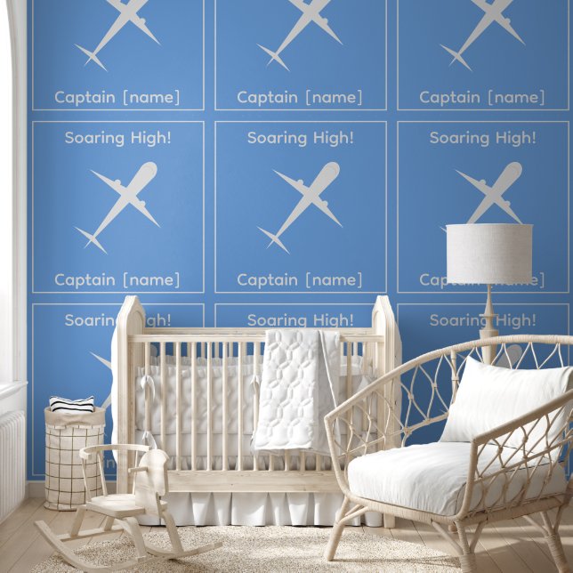 Personalised Captain Aeroplane Blue Fun Kids Room Wallpaper (Kids)