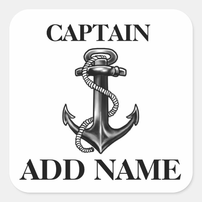 Personalised Captain Name Navy Anchor And Rope Square Sticker (Front)