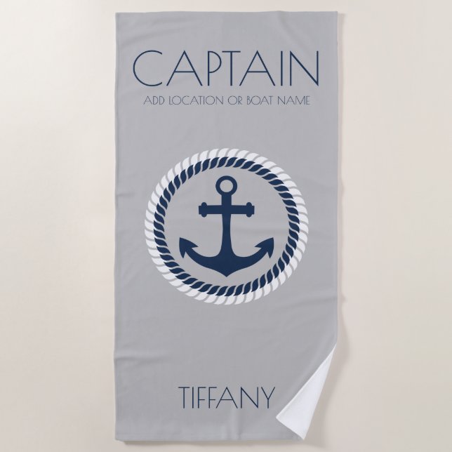 Personalised Captain Nautical Anchor Boat Beach Towel (Front)