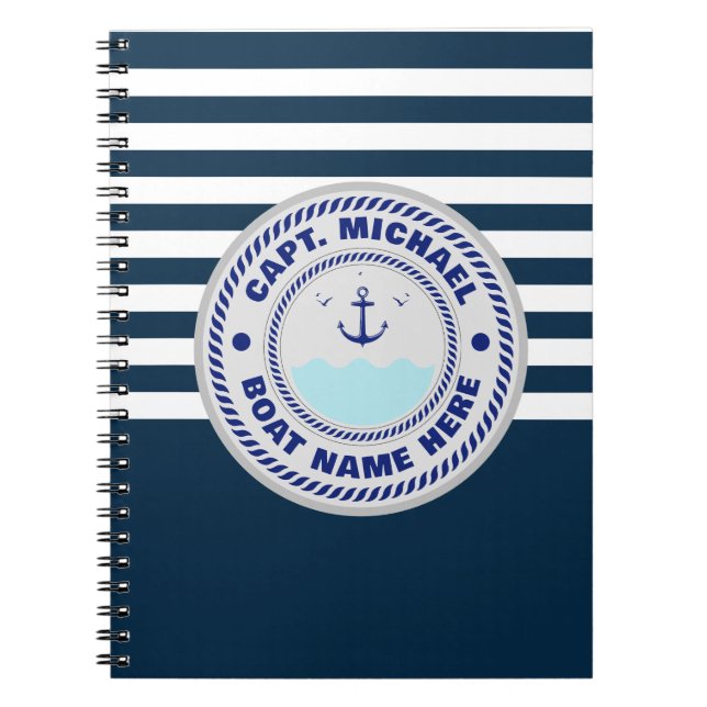 Personalised Captain Nautical Anchor Boat Name Notebook (Front)