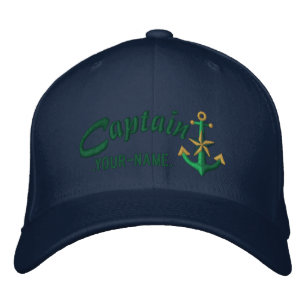 Personalised Captain Nautical Anchor Name Green Embroidered Hat