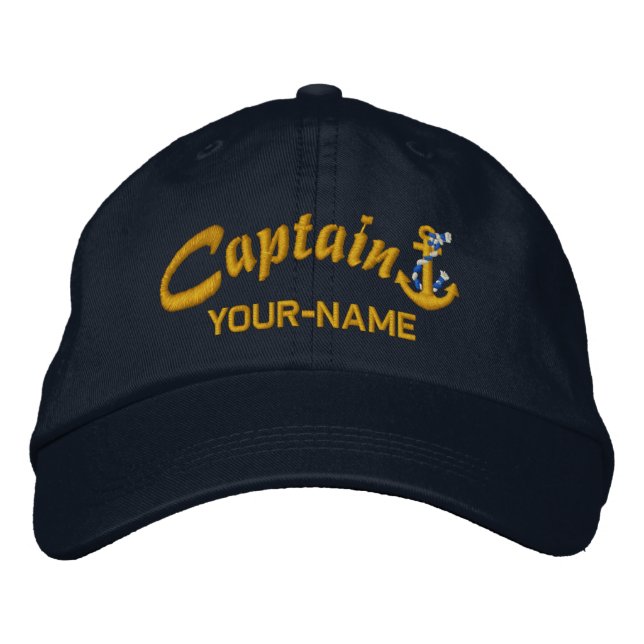 Personalised Captain Rope Anchor Name Golden Embroidered Hat (Front)