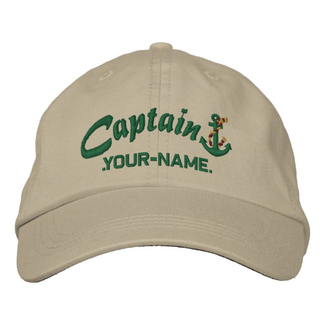 Personalised Captain Rope Anchor Name Green Embroidered Hat (Front)