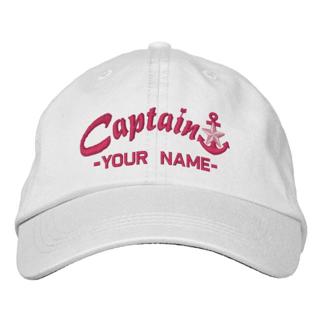 Personalised Captain Star Anchor Name Fuchsia Embroidered Hat (Front)