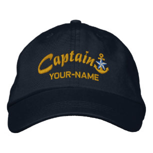 Personalised Captain Star Anchor Name Golden Embroidered Hat