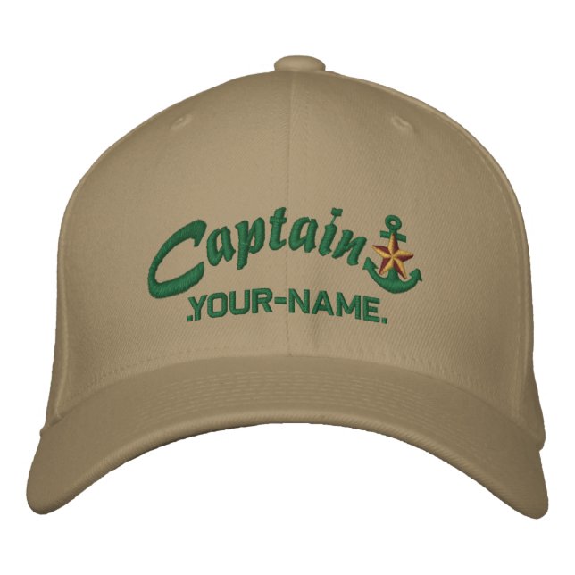 Personalised Captain Star Anchor Name Green Embroidered Hat (Front)
