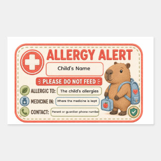 Personalised Capybara Allergy Alert Kids School Da Rectangular Sticker