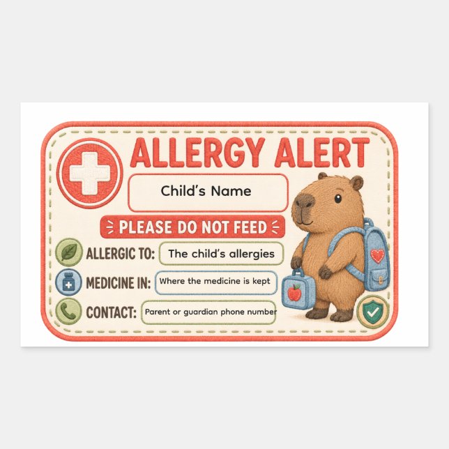 Personalised Capybara Allergy Alert Kids School Da Rectangular Sticker (Front)