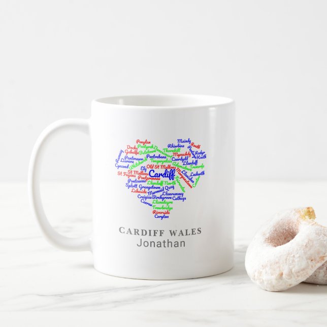 Personalised Cardiff Wales Word Cloud Typography Coffee Mug (With Donut)