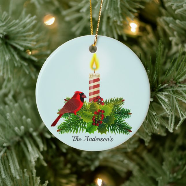 Personalised Cardinal and Candle on Light Blue Ceramic Ornament (Tree)