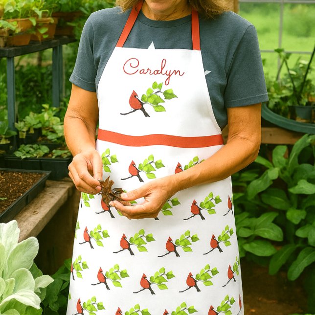 Personalised  Cardinal Bird Print-All-Over Apron (Personalized cardinal apron with name  red bird kitchen gift for gardeners, bird lovers, or cooks)