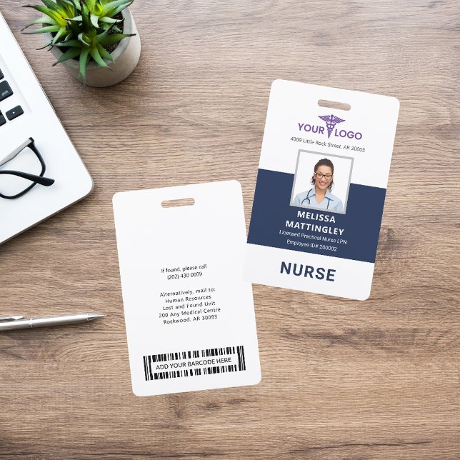Personalised Care Business Employee Logo and Photo ID Badge (Medical Professional Nurse Blue Purple Photo ID Badge)
