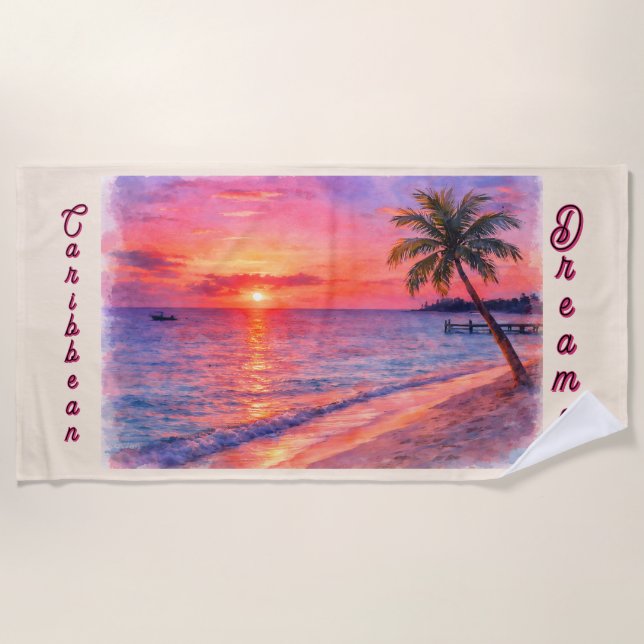 Personalised Caribbean Dream Sunset Beach Towel (Front)