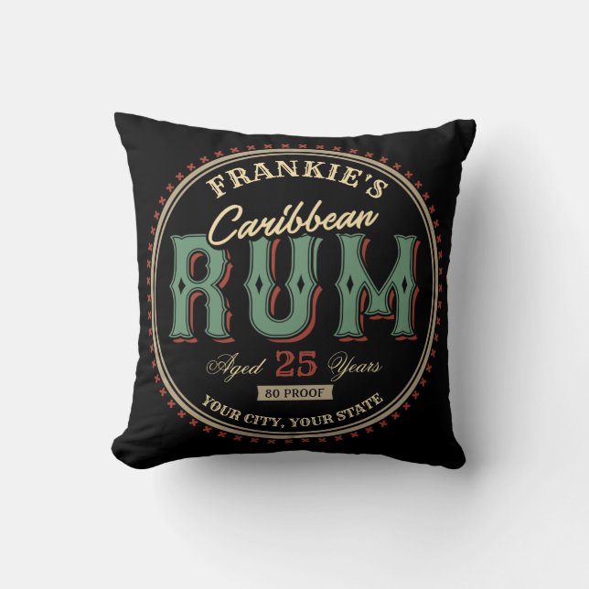 Personalised Caribbean Rum Liquor Bottle Label Bar Cushion (Front)