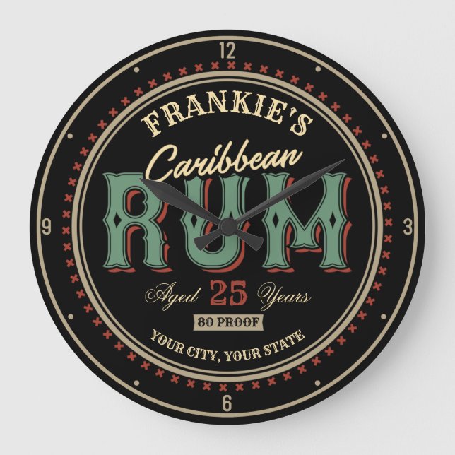 Personalised Caribbean Rum Liquor Bottle Label Bar Large Clock (Front)