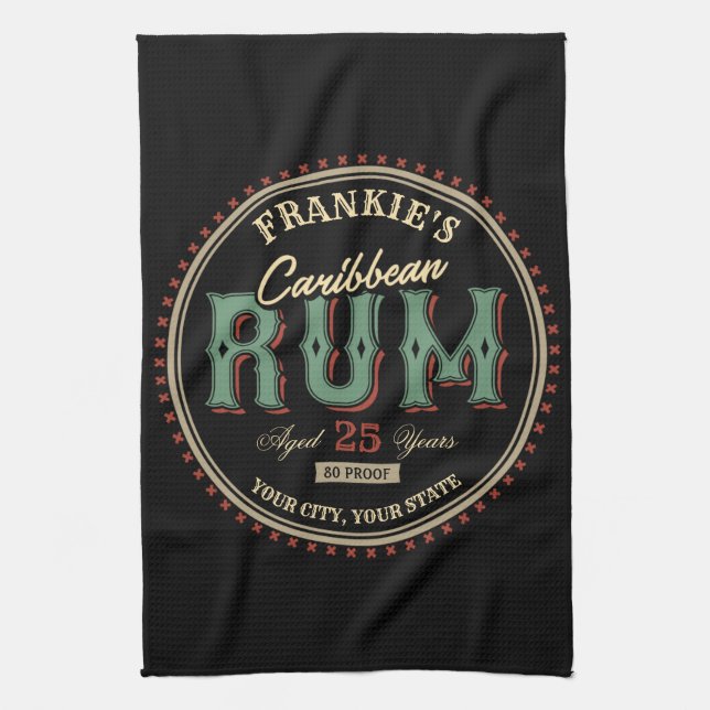 Personalised Caribbean Rum Liquor Bottle Label Bar Tea Towel (Vertical)