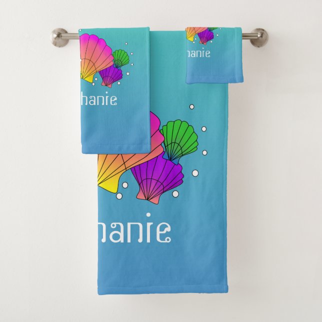 Personalised Caribbean Sea Shells with Bubbles Bath Towel Set (Insitu)