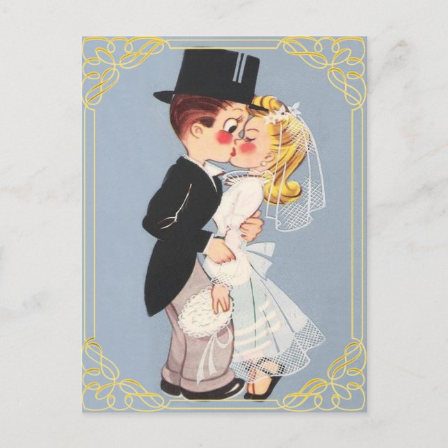 Personalised cartoon bride and groom invitation postcard (Front)