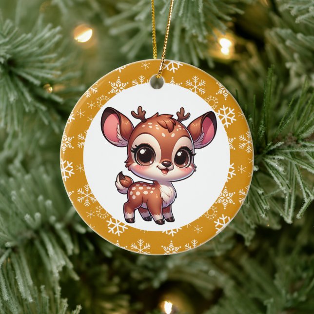 Personalised Cartoon Chibi Reindeer Christmas Ceramic Ornament (Tree)